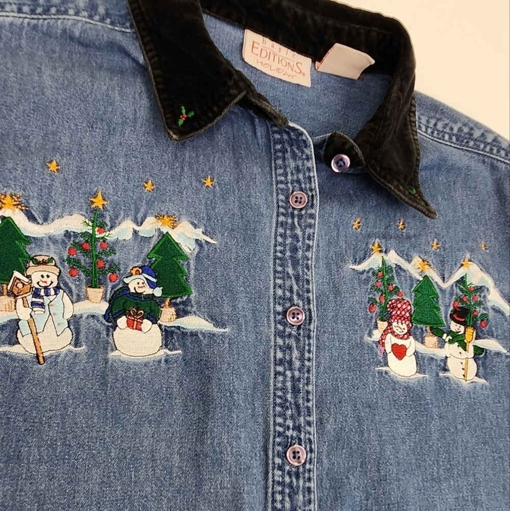Vintage Basic Edition Holiday Christmas Holiday Snowman Family Denim Button Down - Picture 2 of 7